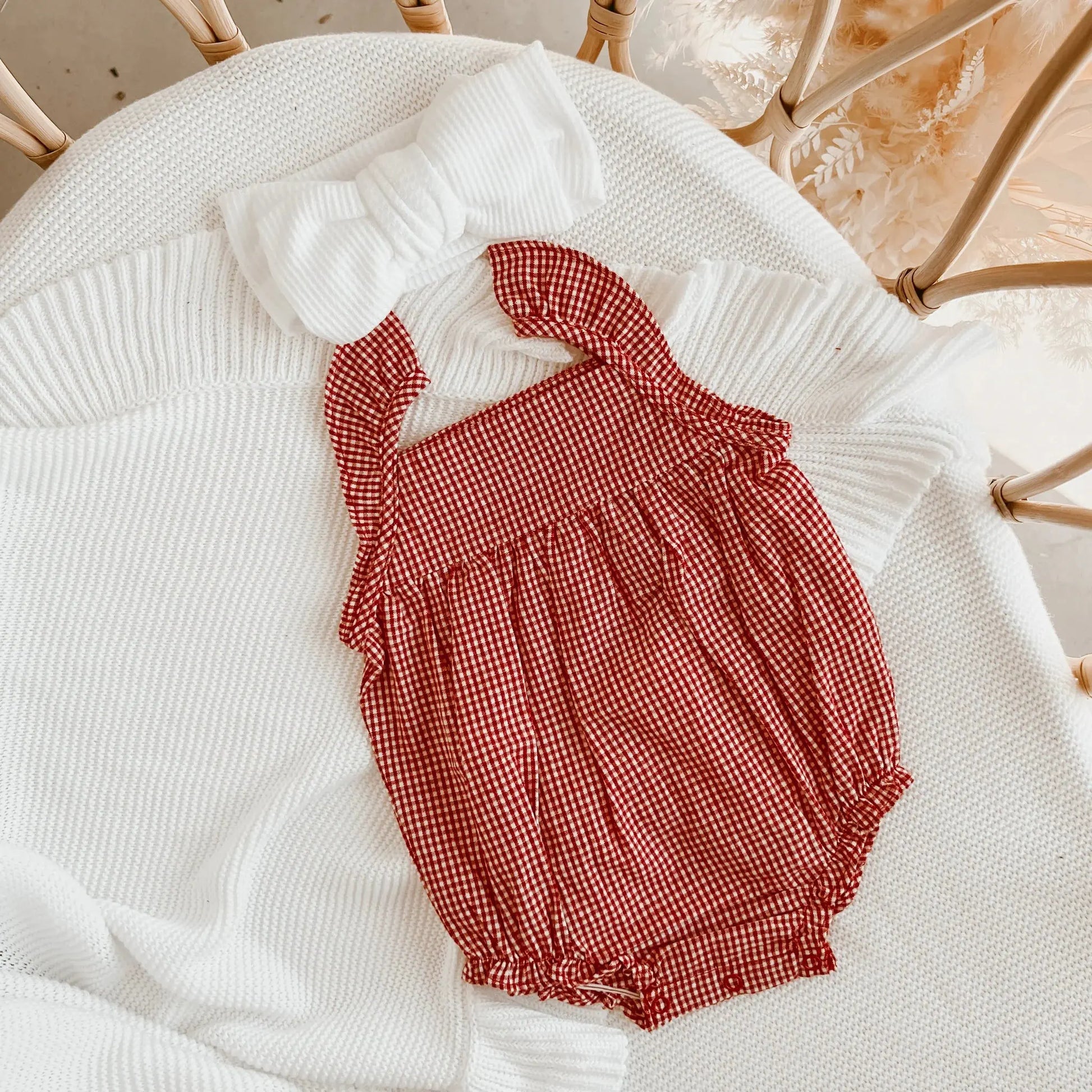 Blossom and Pear Christmas Red Gingham Romper with Frills - Birds & Bees baby boutique